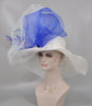 White Sinamay Kentucky Derby Hat: Royal Blue Bow, Feather Flowers