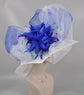 White Sinamay Kentucky Derby Hat: Royal Blue Bow, Feather Flowers