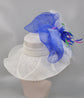 White Sinamay Kentucky Derby Hat: Royal Blue Bow, Feather Flowers