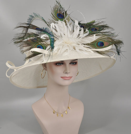 Wide Brim Sinamay Derby Hat: Peacock Feather Church Wedding Hat