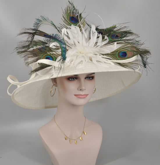 Wide Brim Kentucky Derby Hat, Ascot Hat for Wedding & Tea Party, Garden Party Hat, Mother of the Bride, Church Off White Peacock Feathers