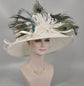 Wide Brim Kentucky Derby Hat, Ascot Hat for Wedding & Tea Party, Garden Party Hat, Mother of the Bride, Church Off White Peacock Feathers