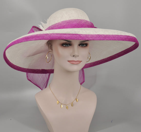 Sinamay Derby Hat: White & Hot Pink Feather Bow, Wide Brim