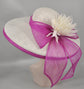 Sinamay Derby Hat: White & Hot Pink Feather Bow, Wide Brim