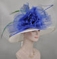 Wide Brim Sinamay Kentucky Derby Hat: White, Royal Blue Silk Flower & Peacock Feathers