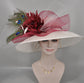 Wide Brim Sinamay Kentucky Derby Hat: Ivory & Burgundy Peacock Feathers