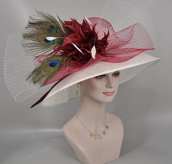 Wide Brim Sinamay Kentucky Derby Hat: Ivory & Burgundy Peacock Feathers