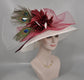 Wide Brim Sinamay Kentucky Derby Hat: Ivory & Burgundy Peacock Feathers