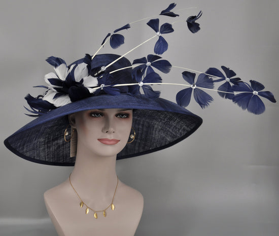 Navy Blue Feather Flower Derby Hat: Royal Ascot Tea Party Hat