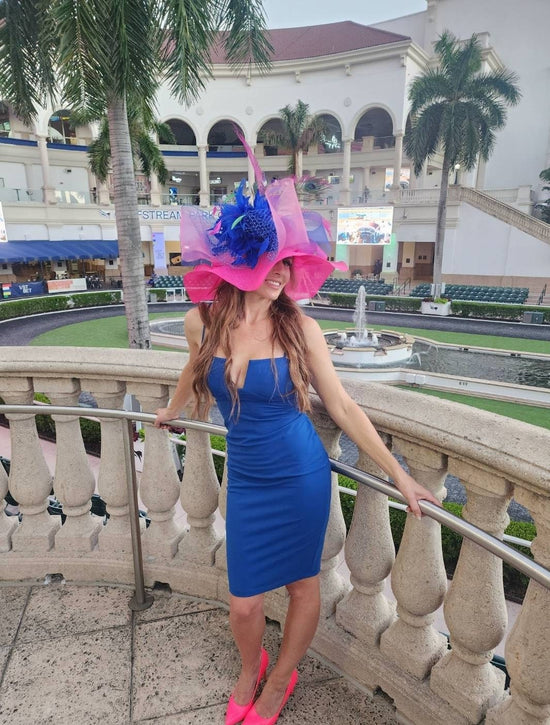 Hot Pink Sinamay Kentucky Derby Hat: Royal Blue Bow Feather Flowers