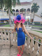 Hot Pink Sinamay Kentucky Derby Hat: Royal Blue Bow Feather Flowers