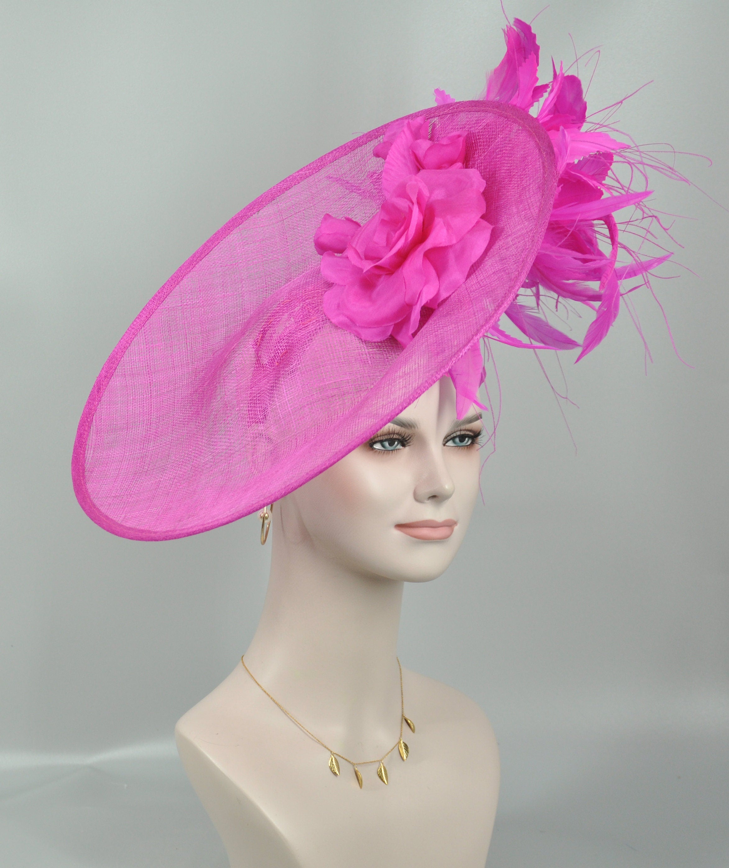 Hot pink Sinamay Disc Fascinator Hat with Jumbo Silk and Feather Flowe ...