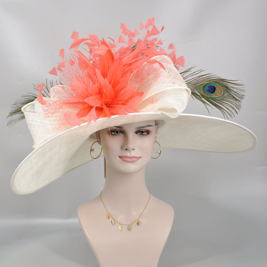 Wide Brim Kentucky Derby Hat: Ivory, Taupe, Peacock Feather