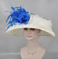 Ivory Sinamay Kentucky Derby Hat: Royal Blue Feather Flower, Wide Brim