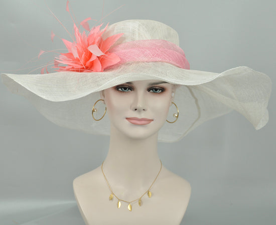 Wide Brim Sinamay Derby Hat: White Feathered Tea Party Wedding