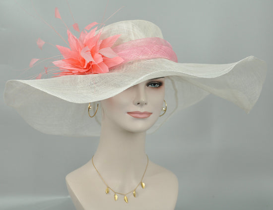 Wide Brim Sinamay Kentucky Derby Hat: White Feathered Tea Party Wedding