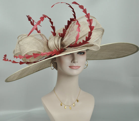 Taupe Sinamay Kentucky Derby Hat: Feathered Ascot Wedding Party Hat