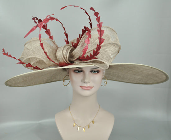 Taupe Sinamay Derby Hat: Feathered Ascot Wedding Party Hat