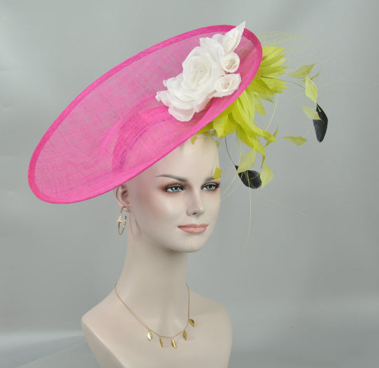 Hot Pink Sinamay Fascinator Hat: Silk Flower DerbyHeadpiece
