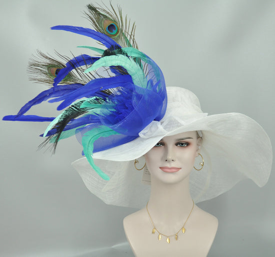 White Sinamay Kentucky Derby Hat: Turquoise, Royal Blue Feather Flower
