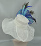 White Sinamay Kentucky Derby Hat: Turquoise, Royal Blue Feather Flower