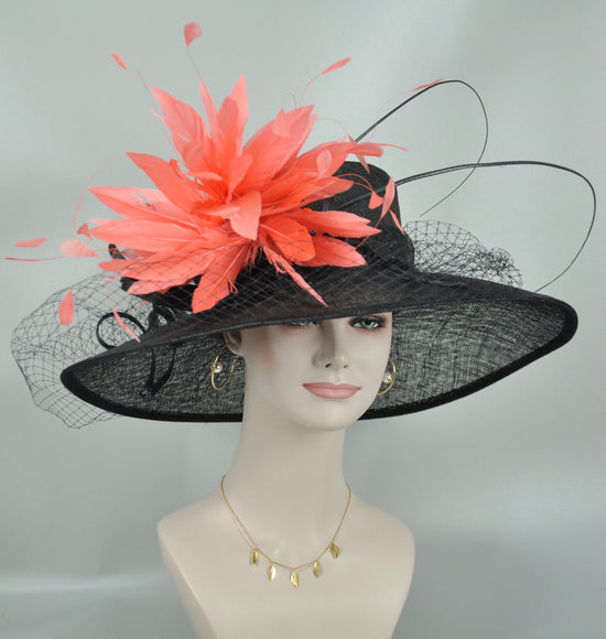 Black Sinamay Derby Hat: Wide Brim Feather Ascot Hat