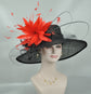Black Sinamay Derby Hat: Wide Brim Feather Ascot Hat
