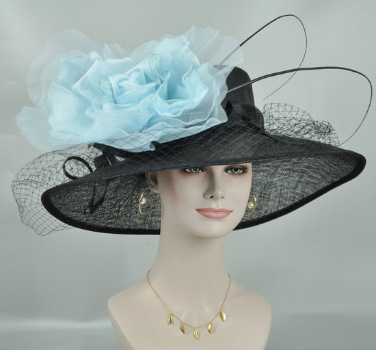 Black Sinamay Kentucky Derby Hat: Wide Brim Silk Flower Wedding Hat