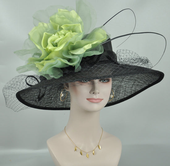 Black Sinamay Derby Hat: Wide Brim Silk Flower Wedding Hat