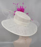 Wide Brim Sinamay Hat Church Kentucky Derby Hat Carriage Tea Party Wedding Hat Royal Ascot Horse Race Oaks day hatWhite w Fuchsia/Hot Pink