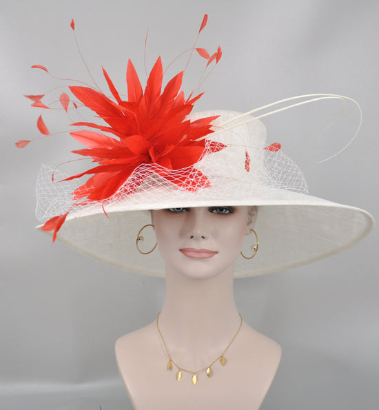 Wide Brim Sinamay Hat Church Kentucky Derby Hat Carriage Tea Party Wedding Hat Royal Ascot Horse Race Oaks day hatWhite w Coral Pink