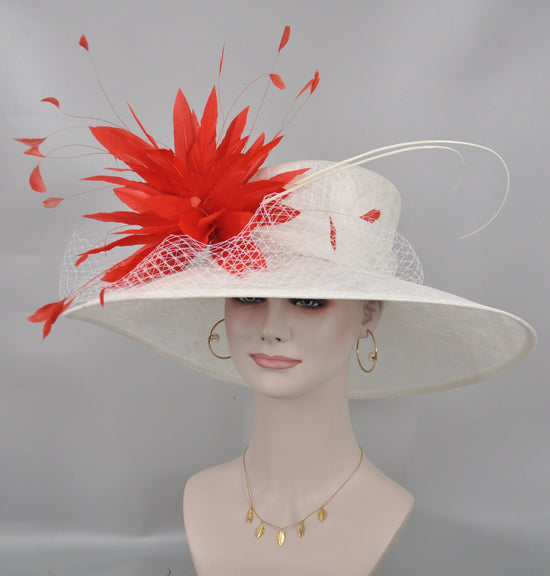 Wide Brim Sinamay Hat Church Kentucky Derby Hat Carriage Tea Party Wedding Hat Royal Ascot Horse Race Oaks day hatWhite w Coral Pink