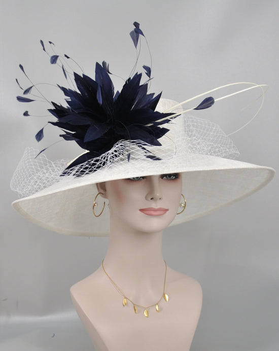 Wide Brim Sinamay Kentucky Derby Hat: White & Navy Feather Flower