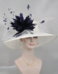 Wide Brim Sinamay Kentucky Derby Hat: White & Navy Feather Flower