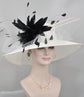 Wide Brim Sinamay Derby Hat: White with Black Feather Flower