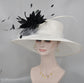 Wide Brim Sinamay Derby Hat: White with Black Feather Flower