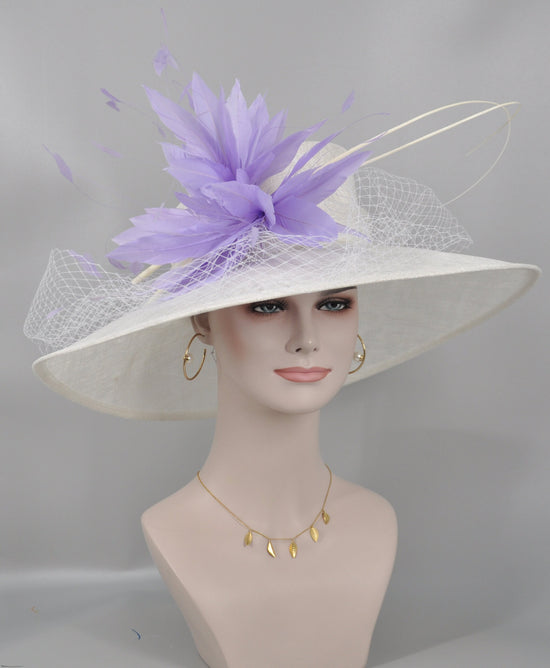 Wide Brim Sinamay Kentucky Derby Hat: White with Lavender Feather Flower