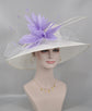 Wide Brim Sinamay Kentucky Derby Hat: White with Lavender Feather Flower