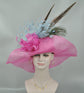 Hot Pink Sinamay Derby Hat: Feather Flower Wide Brim Occasion Hat