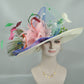 Wide Brim Sinamay Derby Hat: Feather Flowers Tea Party