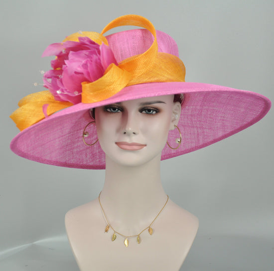 Wide Brim Sinamay Derby Hat: Hot Pink, Orange Rhinestone Flower