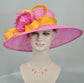 Wide Brim Sinamay Derby Hat: Hot Pink, Orange Rhinestone Flower