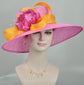 Wide Brim Sinamay Derby Hat: Hot Pink, Orange Rhinestone Flower