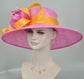 Wide Brim Sinamay Derby Hat: Hot Pink, Orange Rhinestone Flower