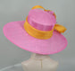 Wide Brim Sinamay Derby Hat: Hot Pink, Orange Rhinestone Flower