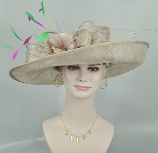 Sinamay Derby Hat: Taupe Wide Brim Feather Fascinator