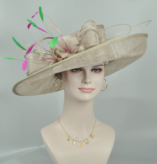 Sinamay Kentucky Derby Hat: Taupe Wide Brim Feather Fascinator