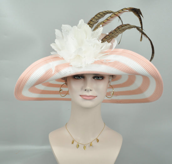 Blush Pink Sinamay Derby Hat: Feather Flower Tea Party Hat