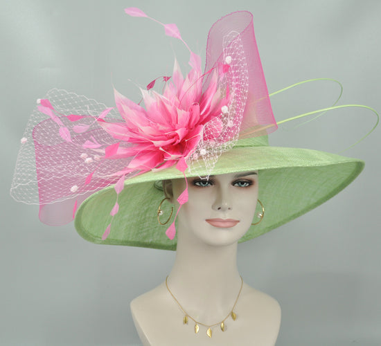 Sinamay Kentucky Derby Hat: Green Wide Brim with Pink Flower