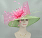 Sinamay Kentucky Derby Hat: Green Wide Brim with Pink Flower